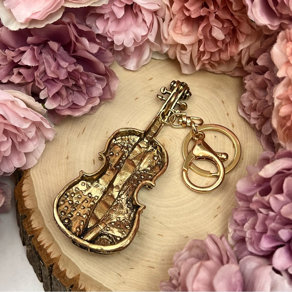 Beautiful Antiqued Gold and Crystal Viola Keychain Charm - Picture 10 of 13